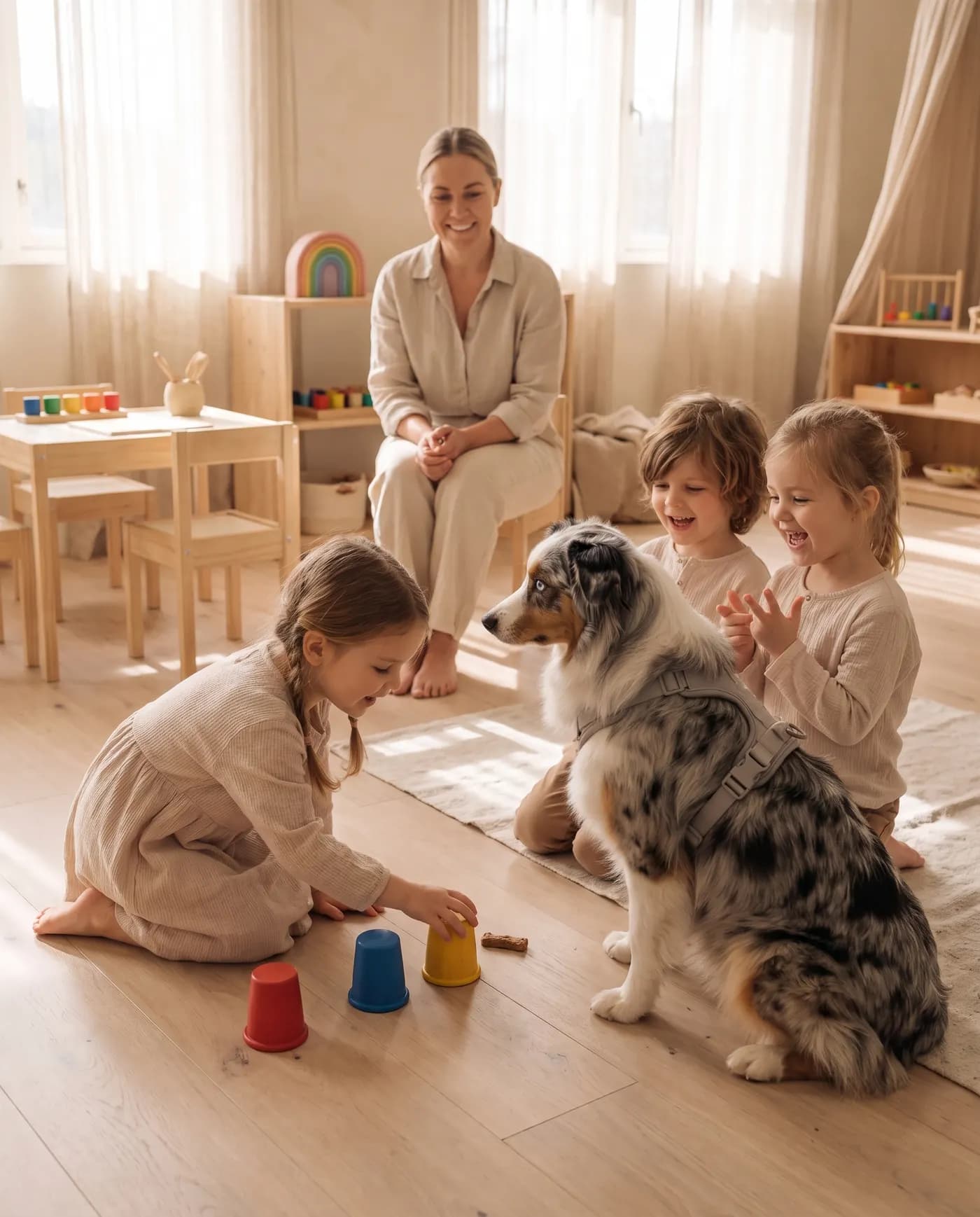 Dziewczynka chowa smakołyk pod kolorowymi kubeczkami, pies siedzi i czeka, dzieci obok się śmieją